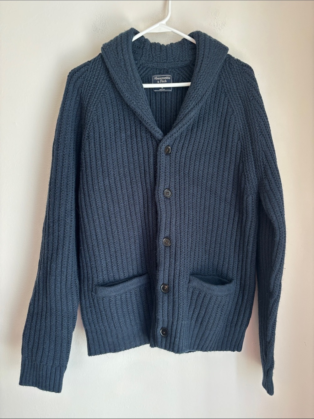 Abercrombie & Fitch Mens Navy Shawl-Collar wool alpaca Cardigan chunky Sweater M